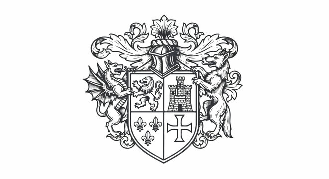 Medieval heraldry shield featuring a majestic dragon and fierce wolf crest, depicted in a detailed engraved flat 2D illustration style on a clean white background.