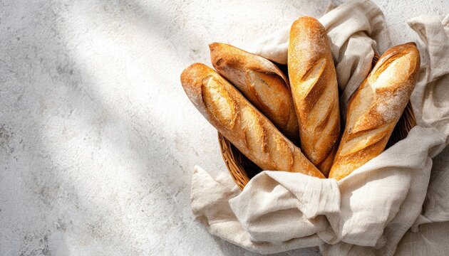 Fresh Baguette Bread in Wicker Basket on Light Textured Surface