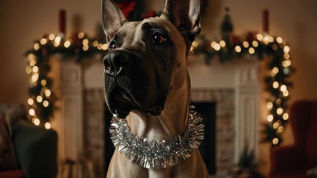 Great Dane's Holiday Portrait: Festive Dog with Christmas Garland, Warm Home