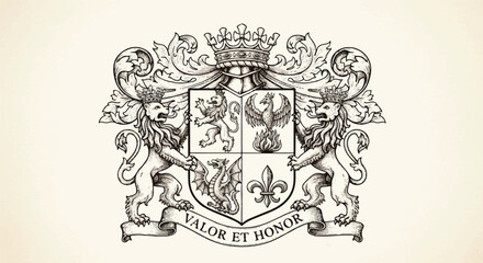 Vintage engraved flat 2D medieval heraldry illustration depicting a powerful kingdom emblem coat of arms adorned with fierce lion, majestic phoenix, and traditional royal dragon motifs.