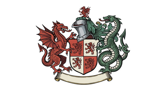 Vintage heraldic shield 2D flat illustration depicting a fierce dragon and intertwined serpent supporting the complex medieval coat of arms symbol against a clean white backdrop.