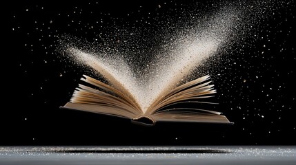 An open book with its pages fanned out, releasing a cloud of golden sand particles into a dark, atmospheric background. The sand forms a flowing, ethereal trail