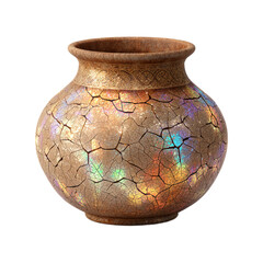 Cracked ceramic vase with iridescent rainbow light reflections