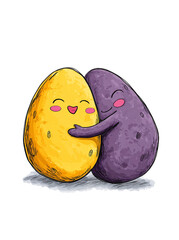 Cute yellow and purple potatoes hugging