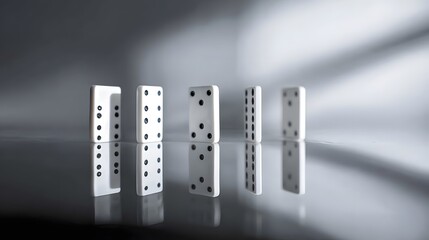 Five white dominoes standing upright on a reflective surface against a blurred background, creating a sense of anticipation and potential motion.