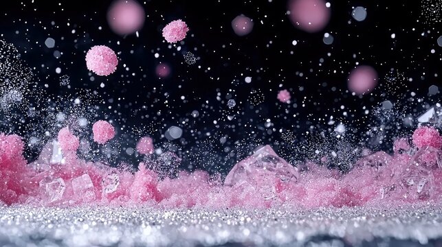 A dynamic close-up shot of pink spherical particles and clear ice crystals erupting upwards, surrounded by a shower of fine glitter and bokeh lights against a d