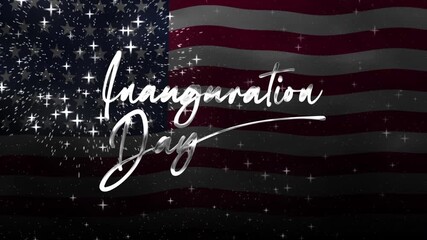 Inauguration day text animation with waving flag and fireworks. Suitable for social media posts, patriotic designs, inauguration event promotions, festive graphics.
