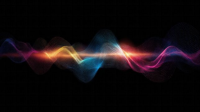Vibrant colorful undulating wave form composed of particles displays across a dark background - Powered by Adobe