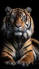 Obraz premium Majestic tiger portrait with striking stripes, intense gaze, and regal presence against a dark backdrop, capturing its raw beauty and power.