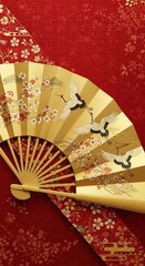 正月の赤い和柄背景に豪華な金の扇を配置した背景画像	

