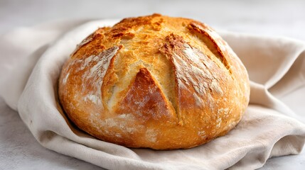 Freshly Baked Artisan Sourdough Bread Loaf on Linen Cloth.