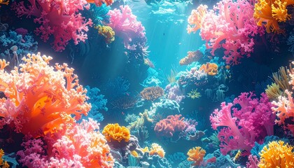 Vibrant underwater coral reef teeming with life, showcasing a spectrum of colorful corals and aquatic flora, creating a breathtaking marine ecosystem