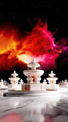 Multiple ornate white fountains stand on a marble-like surface against a backdrop of a vibrant red and orange cosmic nebula and starry night sky.