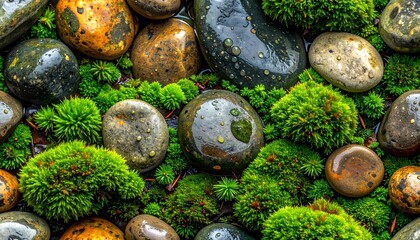 Wet river stones and vibrant green moss create a natural, organic seamless pattern. Glistening raindrops enhance the texture, capturing the serene beauty of a forest floor