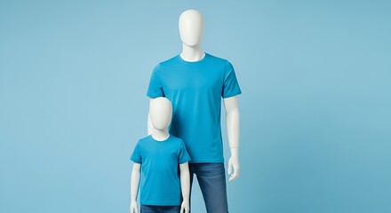 Two mannequins, one large and one small, wearing matching blue t-shirts.