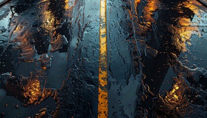 Dynamic macro texture of a wet, dark industrial surface reflecting vibrant gold and amber light, creating an abstract pattern with a central glowing line, evoking fluid motion and gritty detail
