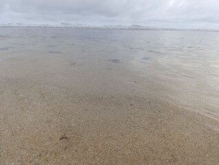 Close up view of the clear shallow water during a calm low tide. Ocean water receding over the...