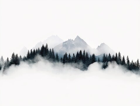 A dense forest of dark green pine trees is partially obscured by thick white fog, with jagged mountain peaks visible in the hazy distance under a bright, overca - Powered by Adobe