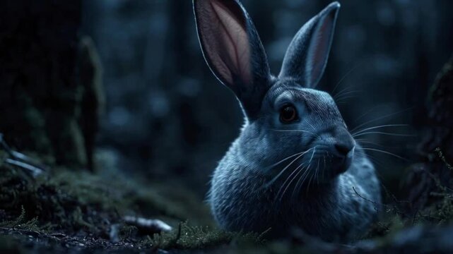 Close-up Amami rabbit in nighttime forest