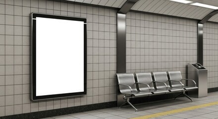 Blank advertising billboard mockup in subway station with bench and ticket machine