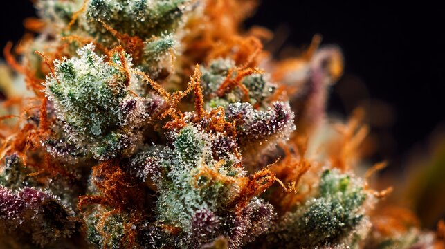Awesome photo of close up of cannabis bud with orange hairs and trichomes on black background.