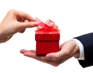 Hands exchanging a small red gift box, PNG