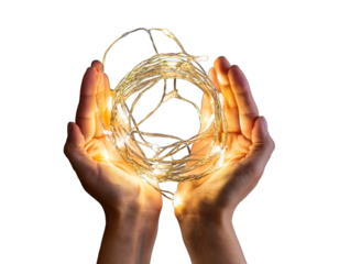 Hands holding a festive garland lights, PNG