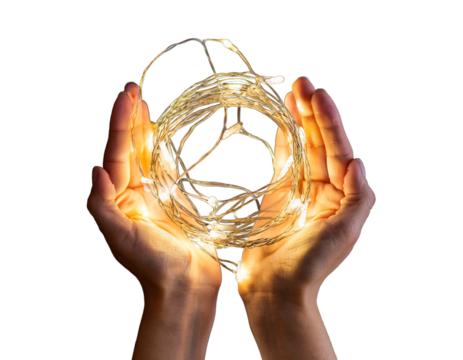 Hands holding a festive garland lights, PNG