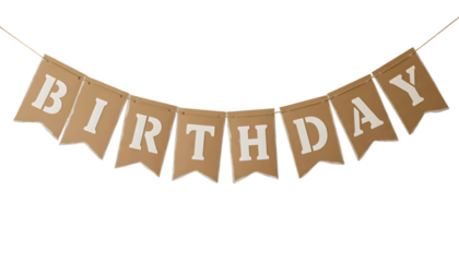 Birthday burlap banner with white letters isolated on transparent background