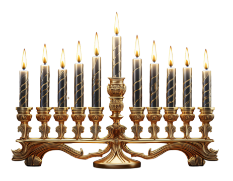 Hanukkah menorah with glowing candles, PNG - Powered by Adobe