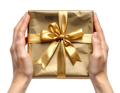 Hands placing a golden ribbon on a gift box - Powered by Adobe