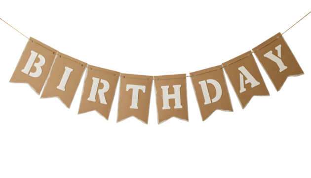 Birthday burlap banner with white letters isolated on transparent background