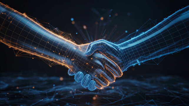 Glowing wireframe handshake on black background, symbolizing partnership and network agreements