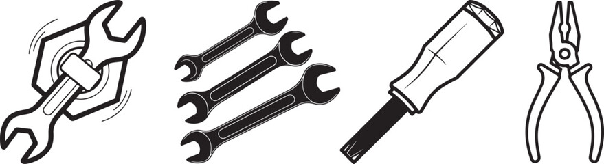 Black and White Vector Icons of Hand Tools for Repair and Construction