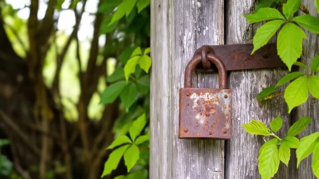 Close up of a weathered wooden gate with a rusty padlock and green foliage