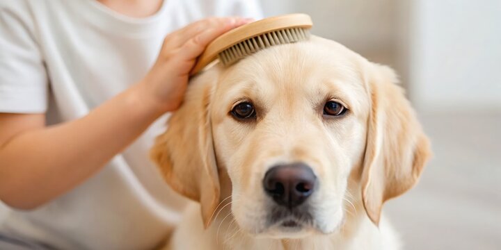 Hypoallergenic Dog A child gently brushes a golden retriever, showcasing a moment of affection and care.