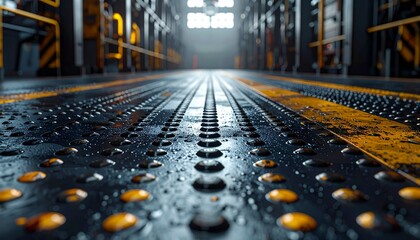 Industrial Floor with Safety Yellow Elements and Structural Steelwork