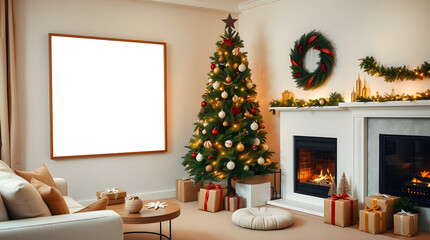 Warm and Inviting Living Room Decorated for Christmas, Featuring a Beautifully Lit Tree, Cozy Fireplace, and Blank Wall Art Frame Ready for Your Festive Display