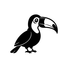 Obraz premium Stylized black and white illustration of a toucan bird with a large beak, facing right, on a white background.