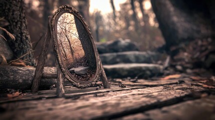 An ornate oval mirror stands on a rustic wooden path, reflecting a serene autumn forest scene with bare trees and fallen leaves. The lighting is soft and atmosp