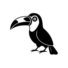 Obraz premium Black and white illustration of a toucan bird with a large beak, standing on its feet.