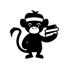 Naklejka premium A cartoon monkey with a headband holding a stack of books in its hand, depicted in a black and white silhouette.