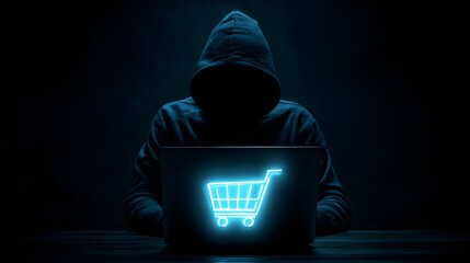 Hacker with shopping cart icon on laptop representing cybercrime and online fraud.