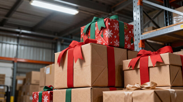 Stack of colorful Christmas gifts wrapped in ribbons in a warehouse setting