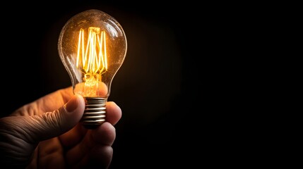 Hand holding a glowing vintage light bulb in the dark.