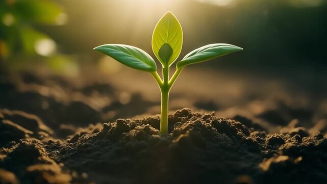 Small green seedling sprouting from fertile soil at sunrise.