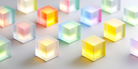 Translucent glowing cubes in pastel colors are arranged in a grid on a smooth surface. Soft internal lighting creates a dreamy, futuristic aesthetic ideal for tech, design, or abstract concepts.