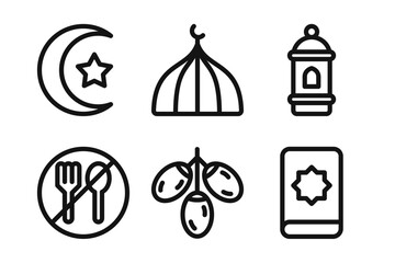 Ramadan Elements Linear Icon Set - Editable Stroke : Suitable for Use in Apps, Digital Content, and Printed Materials Related to Islamic Lifestyle, Prayer Activities, Ramadan and Eid Themes.