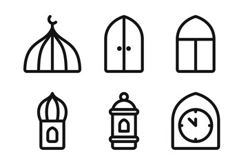 Mosque Elements Linear Icon Set - Editable Stroke : Suitable for Use in Apps, Digital Content, and Printed Materials Related to Islamic Lifestyle, Prayer Activities, Ramadan and Eid Themes.