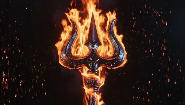 Fiery Trishula Symbol of Lord Shiva Mahadev Bholenath on Black Background